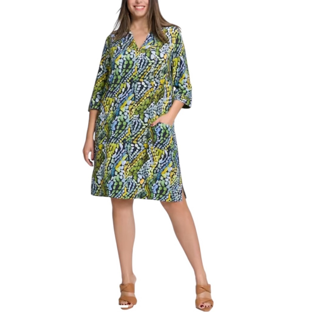ULLA POPKEN Womens Marine Cobblestone Graphic Zip Front Print Dress size 28/30